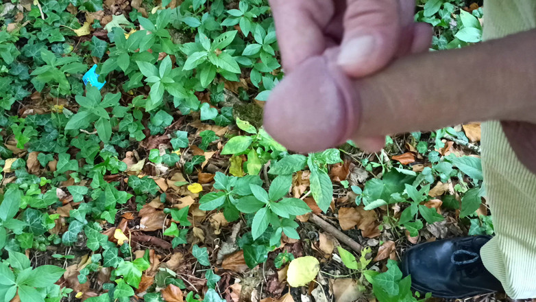 Rockardglans: Grote onbesneden pik wandelend, pissend, aftrekkend in het bos met...