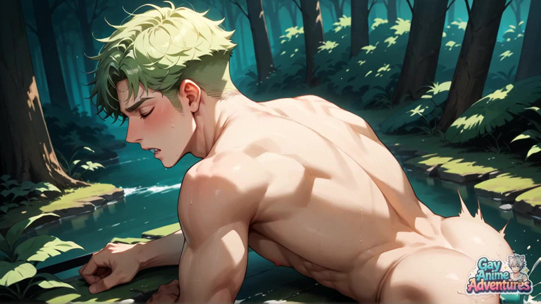 Gay Anime Adventures: Músculos del bosque de pelo verde: corrida gay