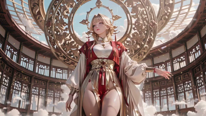 Seraphina Vale: Niebiańska bogini schodzi! Czerwono-biały Hanfu, Golden Hair, Boso w Cloud...