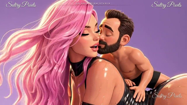 Sultry Pixels 3D: Uriașă în latex cu părul roz picură lapte pe bărbatul ei...