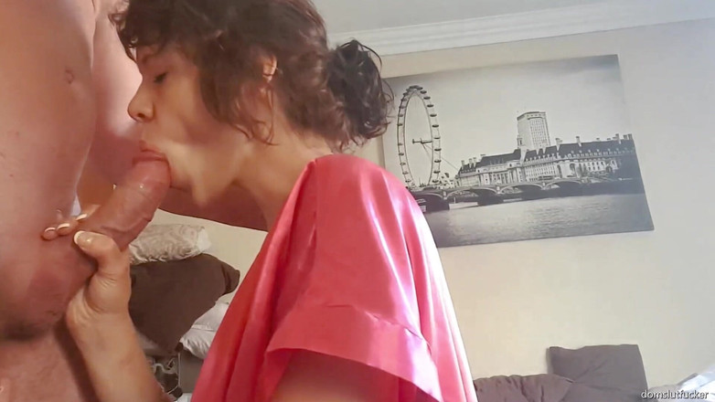 domslutfucker: Girl in Pink Robe Sucking Cock and Giving Handjob Till...