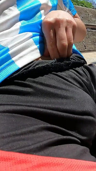 Bulging Young Man Moans with Pleasure in Park Jerking off a Summer Handjob