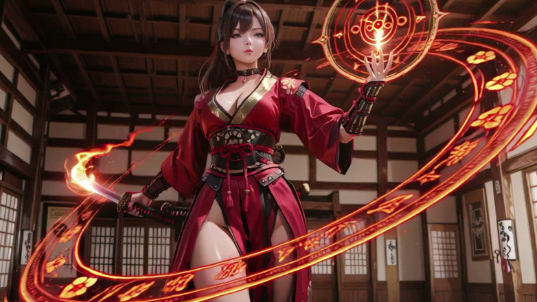 Seraphina Vale: Crimson Samurai! Red-haired Warrior Kneeling in the Sun