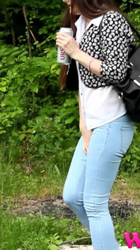 Desperate Brunette Feels Her Bladder so Full She Is in Danger of Pissing in Her Jeans in the Woods