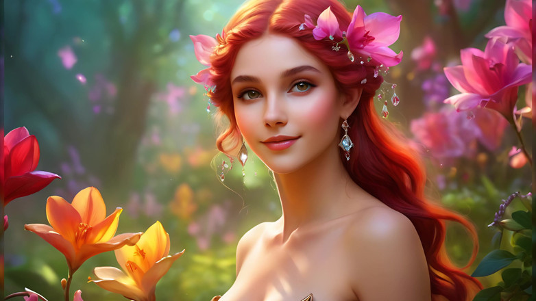 LustRender: Усміхнена оголена жінка, яка тримає фрізію, прикрашена в гарно-малинових діамантових прикрасах - елегантне слайд-шоу Ai