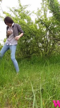 Desperate Girl Full Bladder Trying to Pee in the Forest and Smelling the Flowers