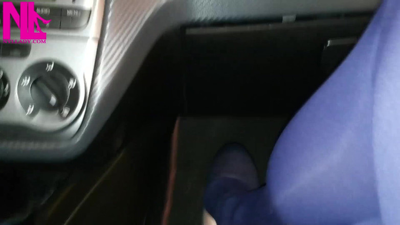 Nyllady: Dangling in Blue Pantyhose and Blue Flats on a Gas...