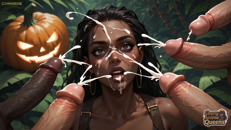 Ebony Anime Queens: Dewi ebony panas menelan labu halloween dalam keinginan panas - xxx!