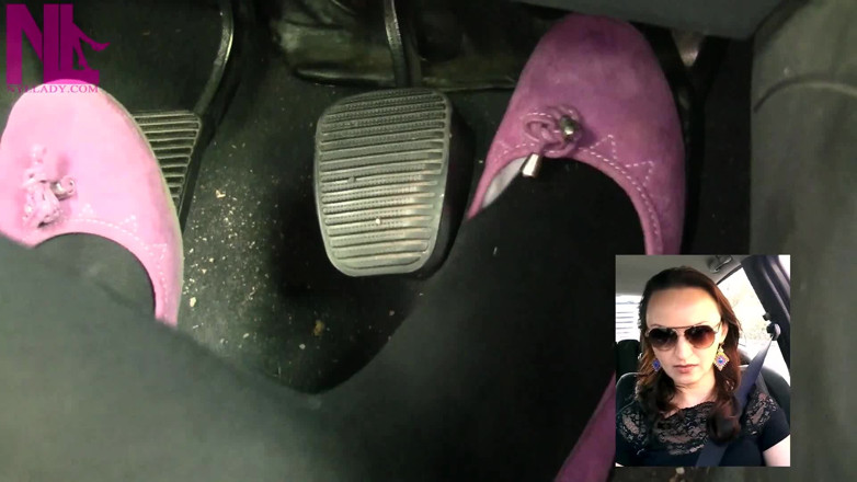 Nyllady: Driving in Black Thick Nylons and Pink Flats