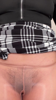 Coño peludo en pantimedias brillantes provoca