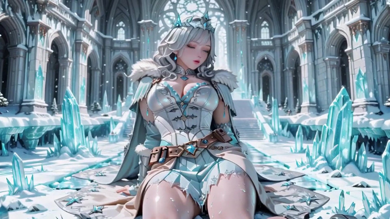 Seraphina Vale: Rainha do gelo de cabelos prateados! Ajoelhada no Castelo congelado,...