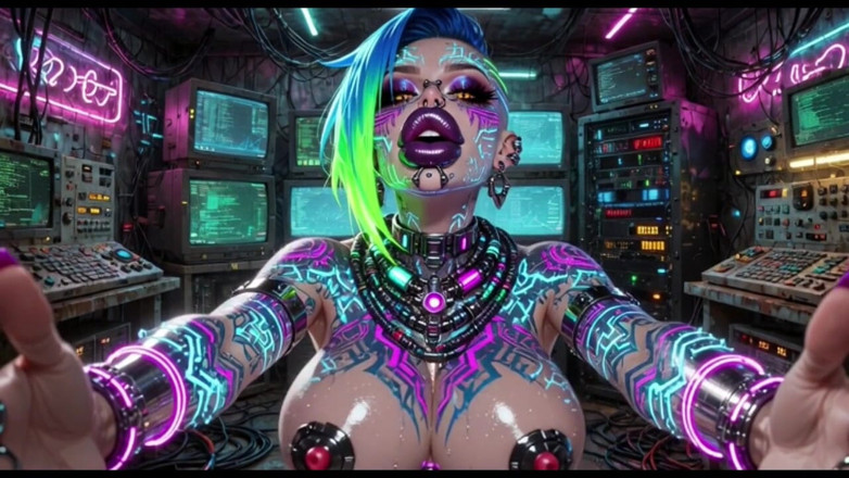 Hot girl dancing: Mujeres del estilo cyberpunk rebotando tetas, animación Ai