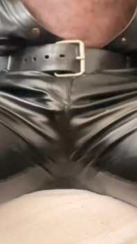 Black Leather Vibrating Toy Cock Fondle & Nipple Play