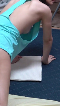 No Bra and Thong Panties Girl's Room, Indoor Camera in Japanese Girl's Apartment Showing Girl Doing Sexy Exercises in Mini Dress