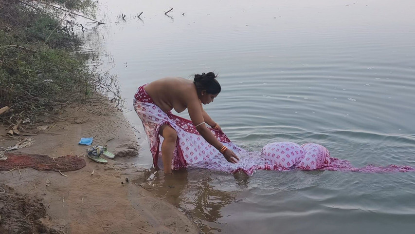 Indian Village Wife Bathing in the River in Outdoor Area (Manashmalla)