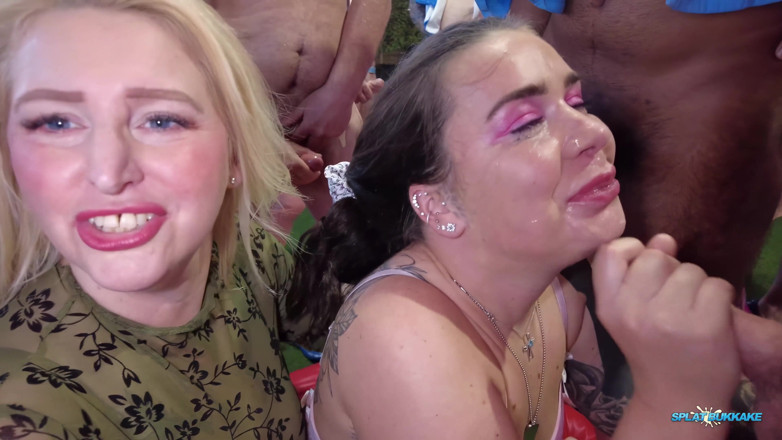 100% Amateur Gangbang and Bukkake from the UK!: Zwei kurvige und tätowierte huren blasen bei der party