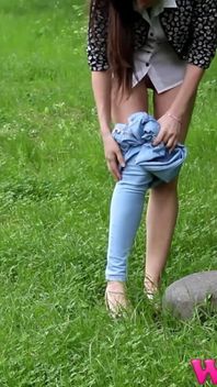 Skinny Brunette Strips in the Forest and Pee on a Rock