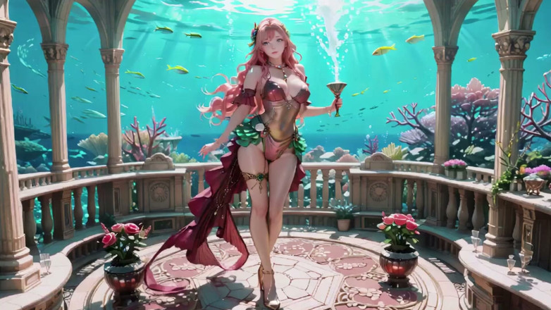 Seraphina Vale: Deep Sea Fantasy! นางเงือกผมสีชมพูเลานจ์ใน Azure Palace ใช้นิ้วติ้วหีแตะน้ํา พนักงานตัวสั่น
