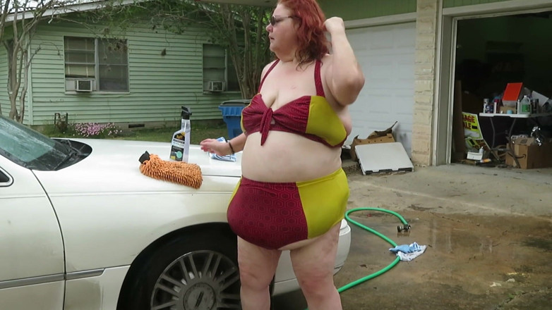 BBW nurse Vicki adventures with friends: Car wash in and out of my iron man bikini...