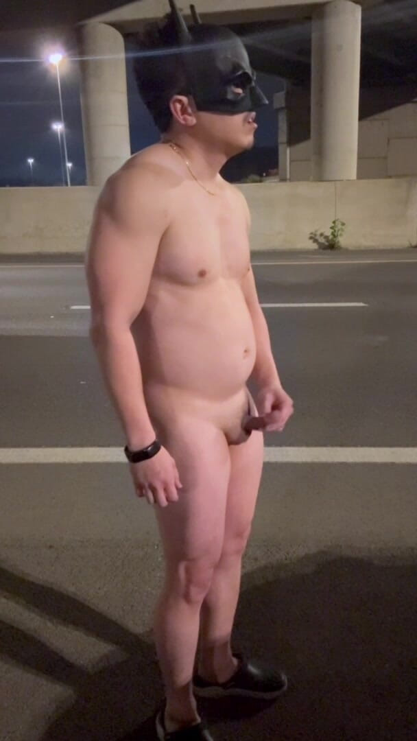 barenakedboy: Highway Bridge Exposure: Asian Muscle Hunk Flexes Bare Naked, Dangles...