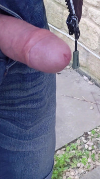 Velký nesestříhaný penis zblízka venkovní masturbace v džínových kraťasech - Rockardglans