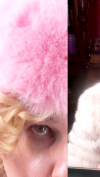 Trans fur lady thổi kèn kép trong chiếc áo khoác cáo màu xanh mềm mại