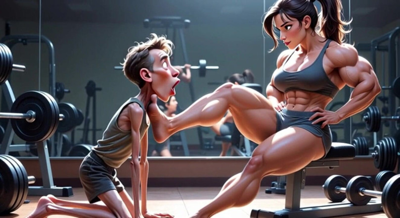 YOUR BEST FANTASY: Muscular Woman Humiliates Skinny Man - Foot Worship Domination