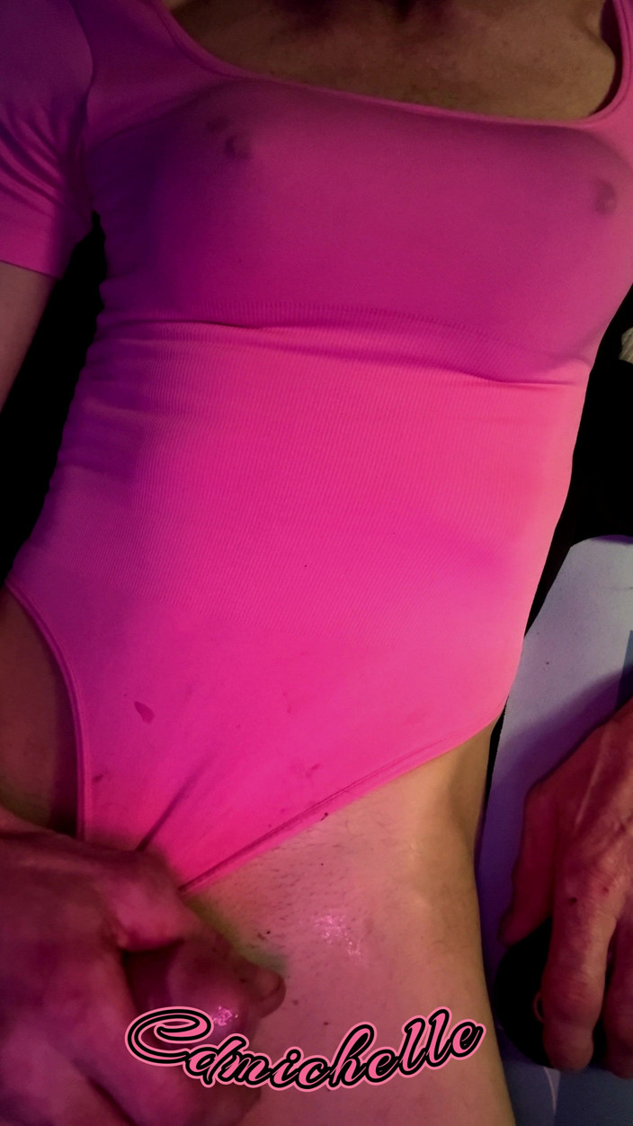 Cd Michelle lingerie: Cdmichelle Wearing Pink Bodysuit with Hard Nipples Cumming on Leg