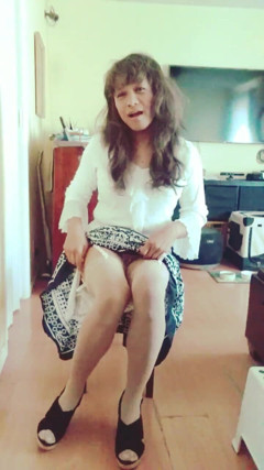 Modeling White Blouse Retro Skirt Showing Legs Stockings Garter Halfslip Panty thumbnail