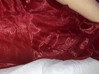 Masturbation Cum Wearing Shiny Red X'mas Dress