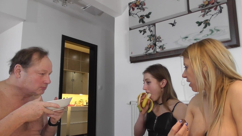 Dirty male dom, femdom, spanking and pegging vids: Disgusting Slave Eats Spitted Food by Two Gorgeous Mistresses