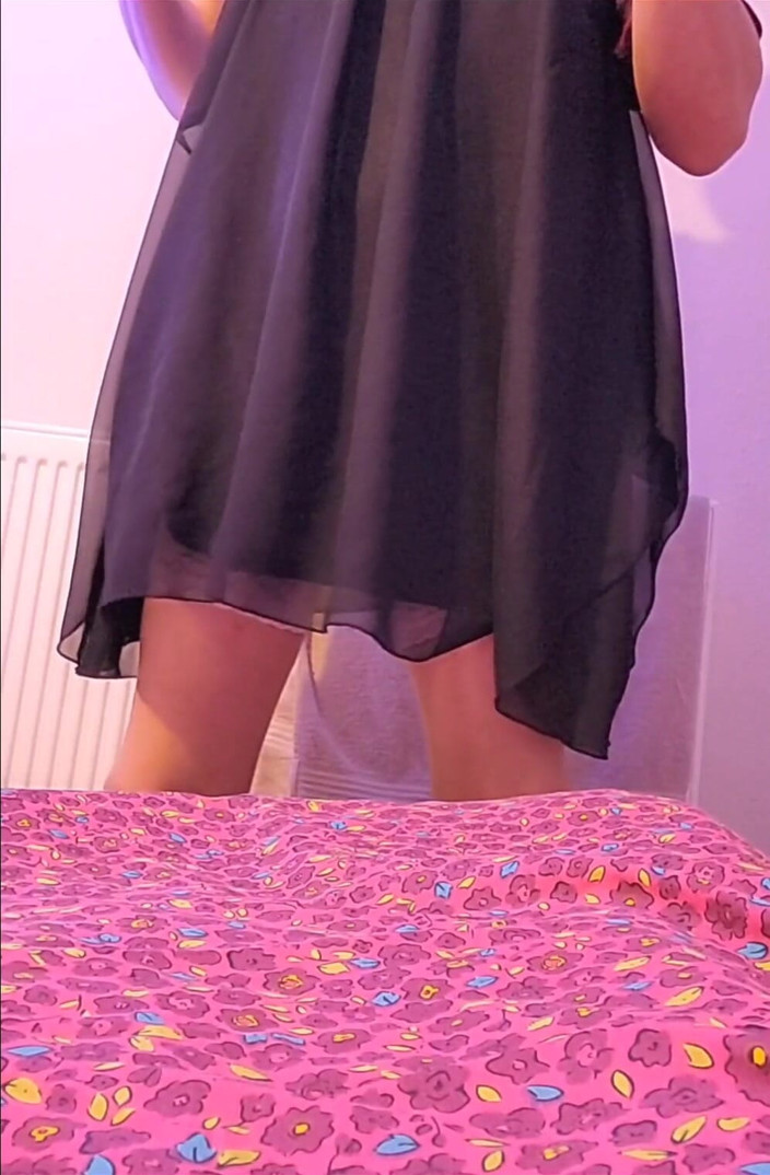 Girlie Simone: ladyboy in black dress and white lingerie