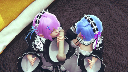 Waifu club 3D: Ram and Rem lick a big cock together