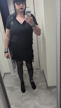 Sissy in Chastity Dances in Stockings & Heels with Big Fake Tits - Wednesday Addams Cosplay