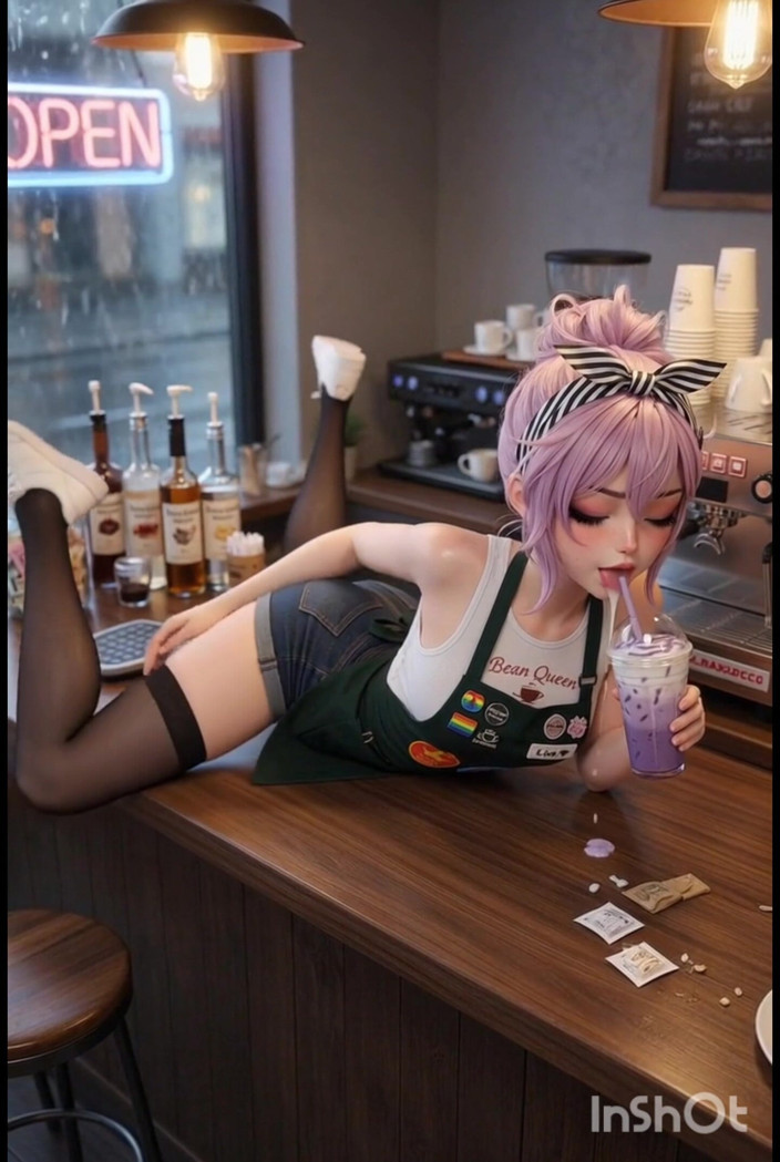 Wertstofsamler: Het sexig liten barista väntar på sin kund, mastubrating