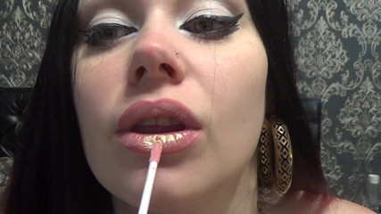 Goddess Misha Goldy: Golden lips teasing and lollipop sucking and licking