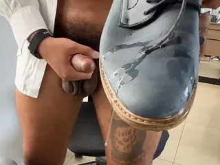 Smoker Master: Alpha Drooling Big Black Nuts on Leather Shoes
