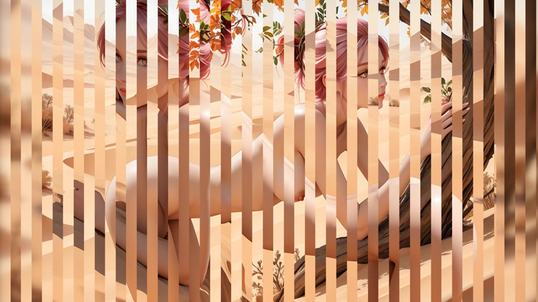 LustRender: Una bellissima ragazza nuda con i capelli corti rosa updo...