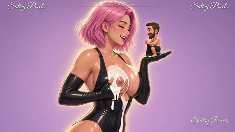 Sultry Pixels 3D: アニメのラテックス女主人が小さな男に手のひらでキスをしながら、乳が彼女の胸から滴る