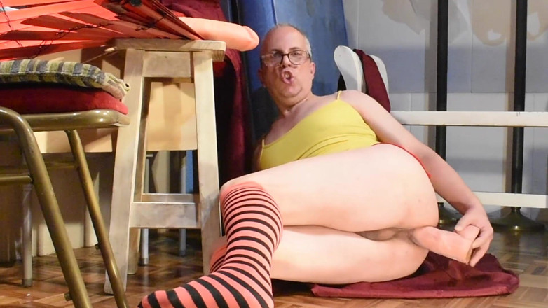 Dildo Man and Cross Hard Sex: Dildoman with colorful stockings and giant dildos in his ass