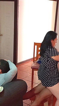 Husband Watches Football and Doesn't Notice, His Wife Fucks His Stepson Who Has a Big Cock