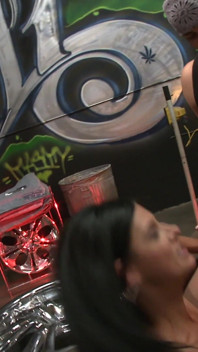 Pretty brunette, India Summer, gets it on with a rough looking dude in a garage, Squirts As She Gets Fucked
