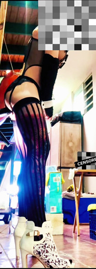 Sexy Transgender Black Stocking Riding Anal Dildo at the Wall