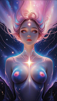 Donna nuda di un sogno cosmico che fluttua in una fantasia surreale dreamscape ai presentazione d'arte