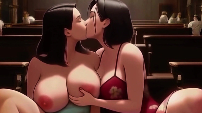 Spicy Toons: Молочные милфы кормят грудью друг друга во время церковной службы