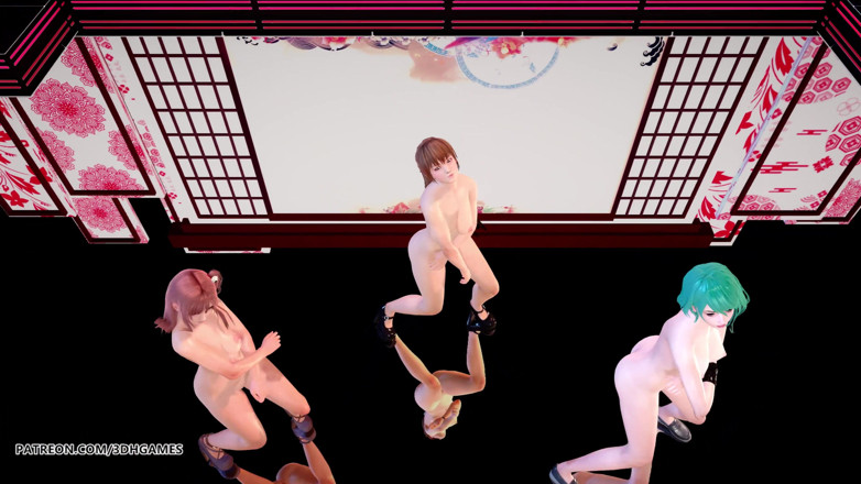 3D-Hentai Games: Maskeli kaltak seksi çıplak dans honoka, katsumi, tamaki. Doa ateşli dans