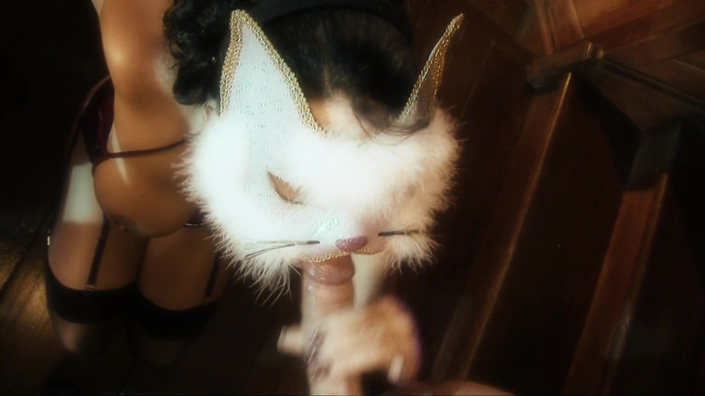 Mask-Night: Horny kitty finds a hard cock to nibble on