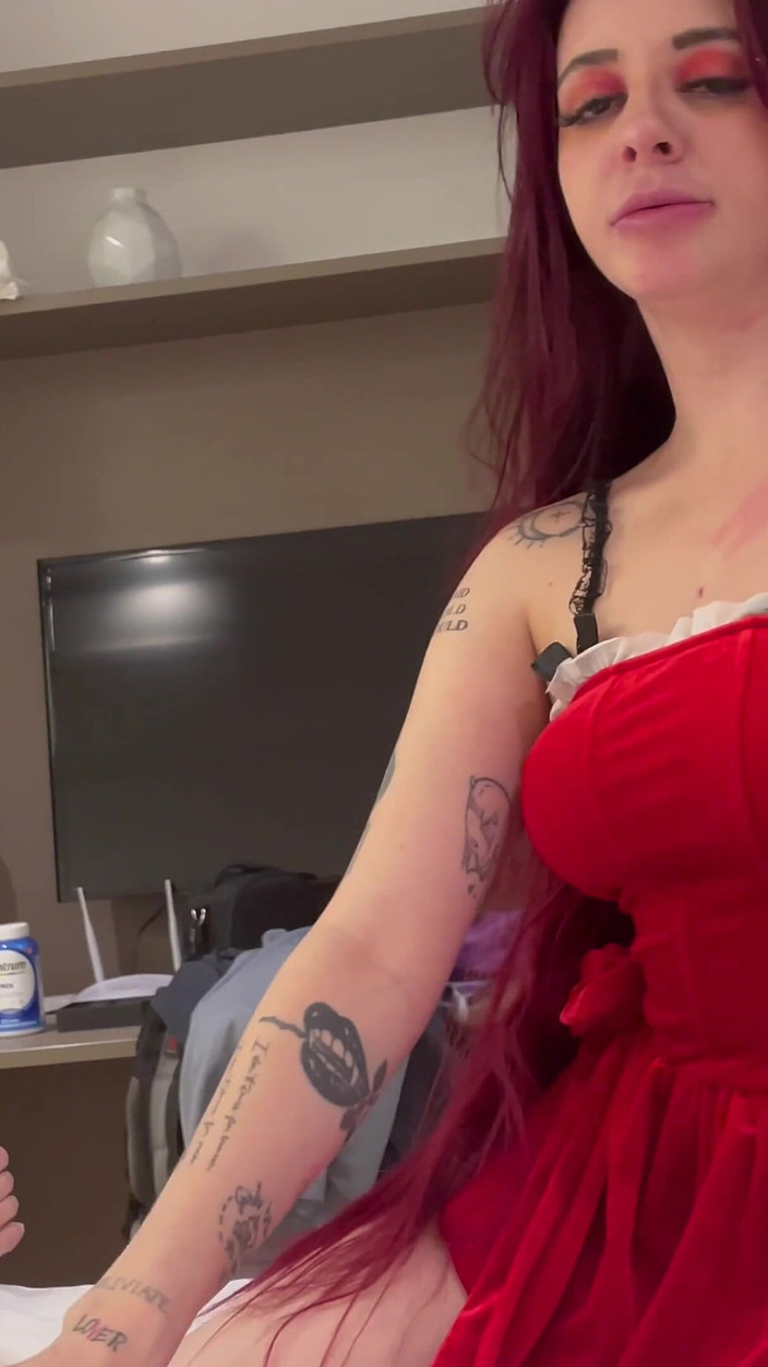FlirtynDirty: Riley Short Red Velvet Dress POV BJ Cowgirl Missionary Creampie