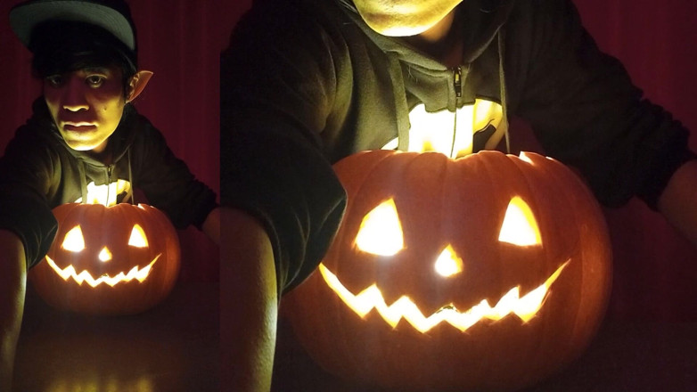 Jon Arteen: Sfw Jon Arteen schattige twink emo femboy carves een halloween-pompoen...