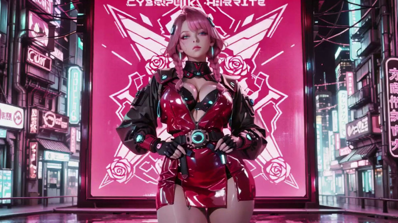 Seraphina Vale: Mech Warrior aux cheveux roses ! Agenouillement dans Neon Streets, Rose...